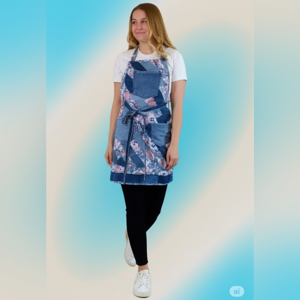 Upcycled Denim Blue Jean Apron 3 Pocket Quilted Farmhouse Floral Shabby Chic
